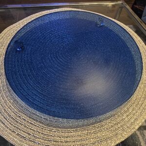 Vtg Oleg Cassini Cobalt Blue Glass Cake Stand Platter Crystal Ball Feet Signed